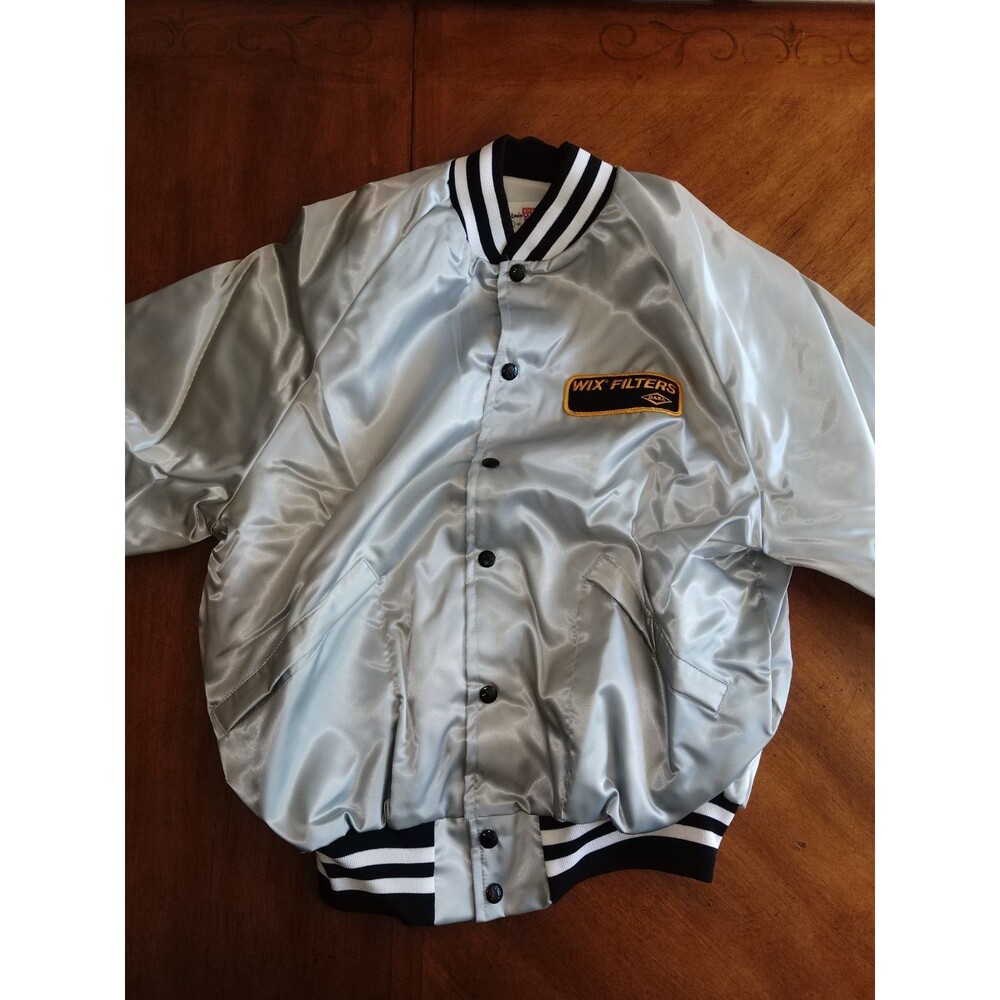 Vintage King Louie Pro Fit Silver Bomber Jacket Adult Large Nylon USA Wix Filter - Picture 3 of 16